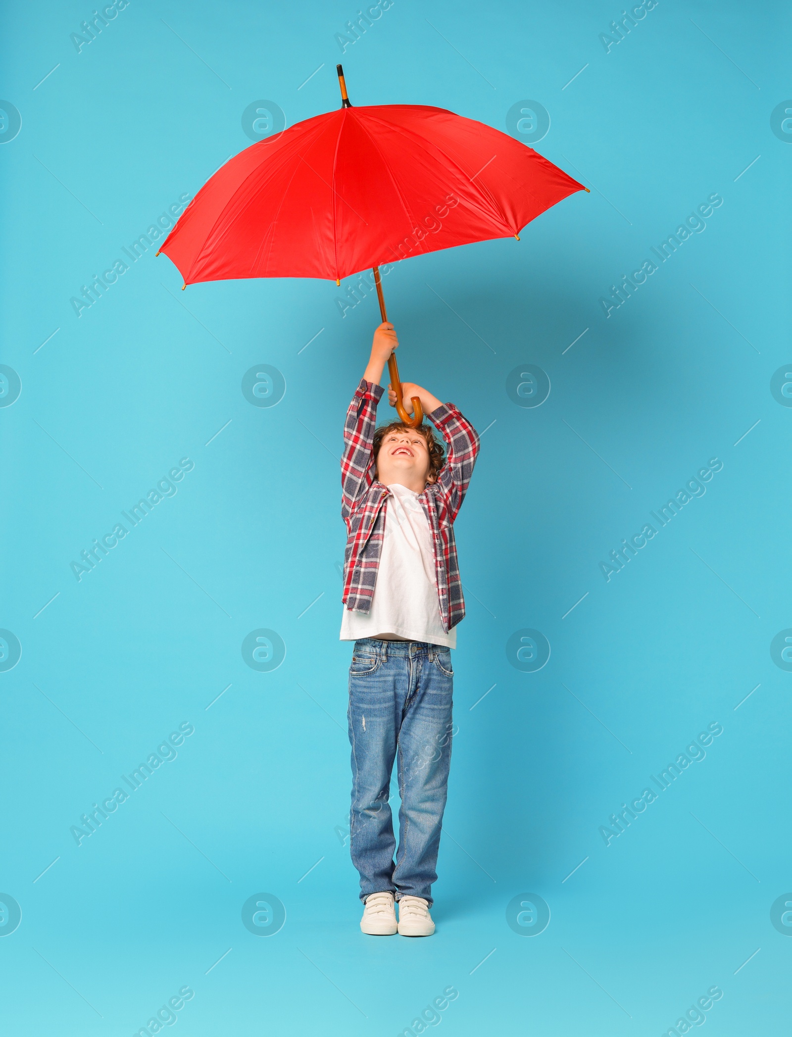 Photo of Little boy with red umbrella on light blue background