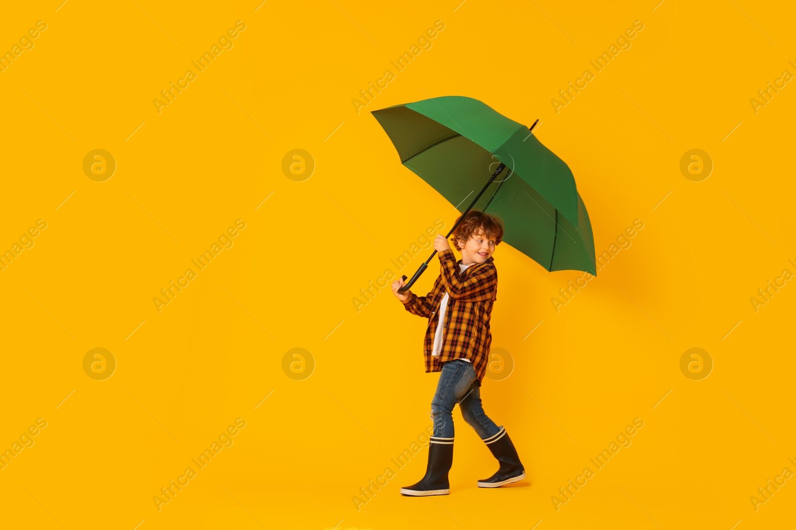 Photo of Little boy with green umbrella on orange background