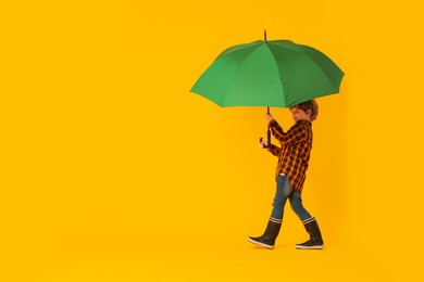 Little boy with green umbrella on orange background, space for text