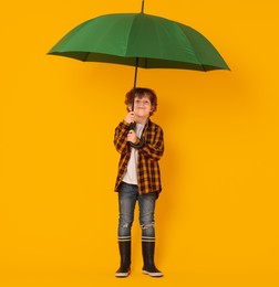 Little boy with green umbrella on orange background