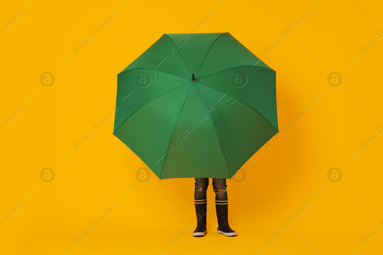 Photo of Little boy with green umbrella on orange background