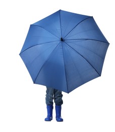 Photo of Little boy with blue umbrella on white background