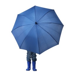 Little boy with blue umbrella on white background