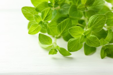 Sprigs of fresh green oregano on white wooden table, closeup