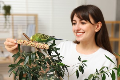 Woman feeding bright parrot with bird treat indoors, selective focus. Exotic pet