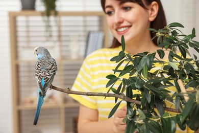 Photo of Woman with bright parrot indoors, selective focus. Exotic pet