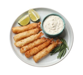 Photo of Delicious breaded fried shrimps with sauce and lime isolated on white, top view