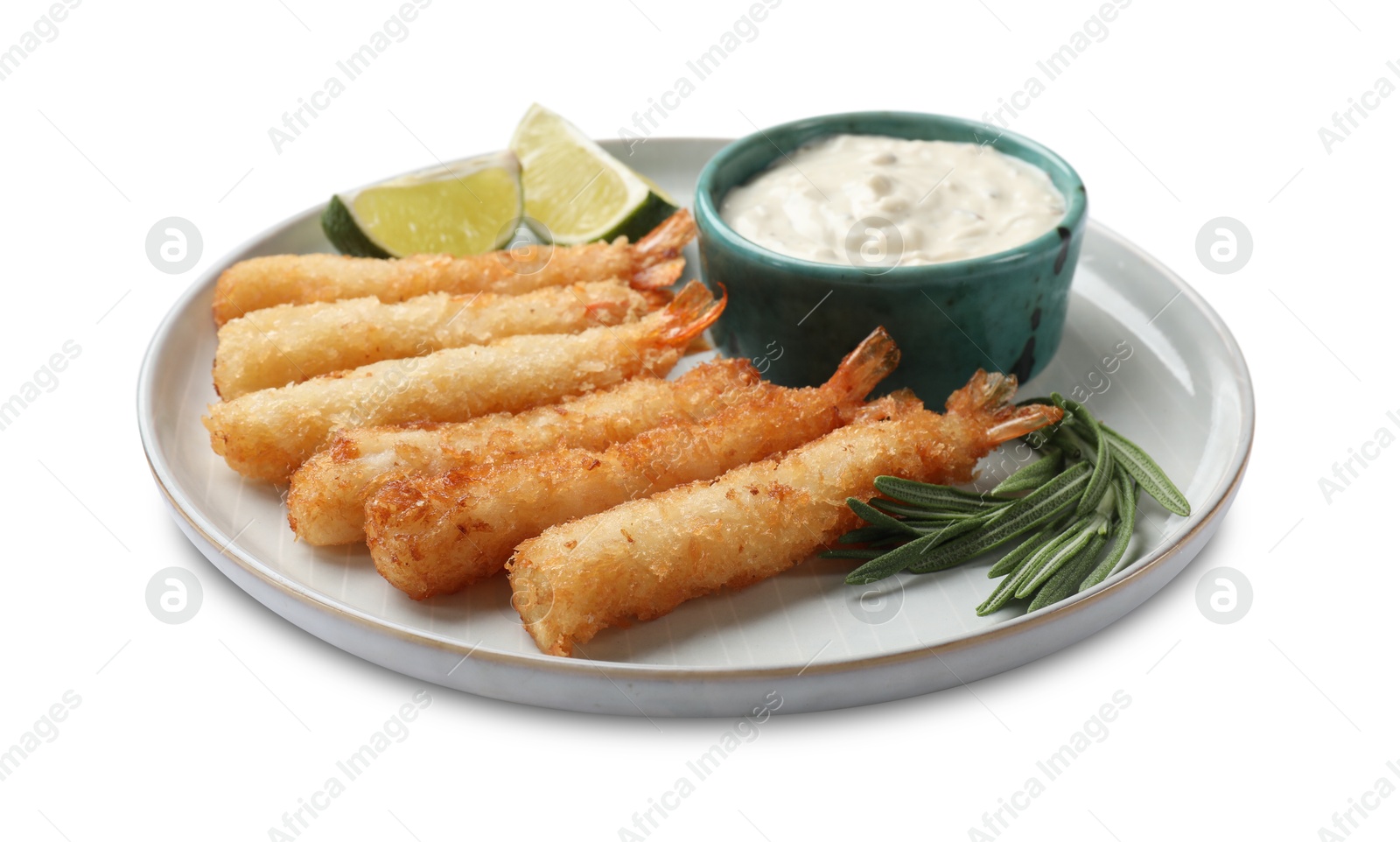 Photo of Delicious breaded fried shrimps with sauce and lime isolated on white