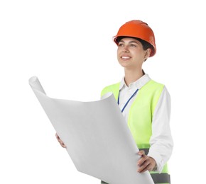 Photo of Engineer in hard hat with draft on white background