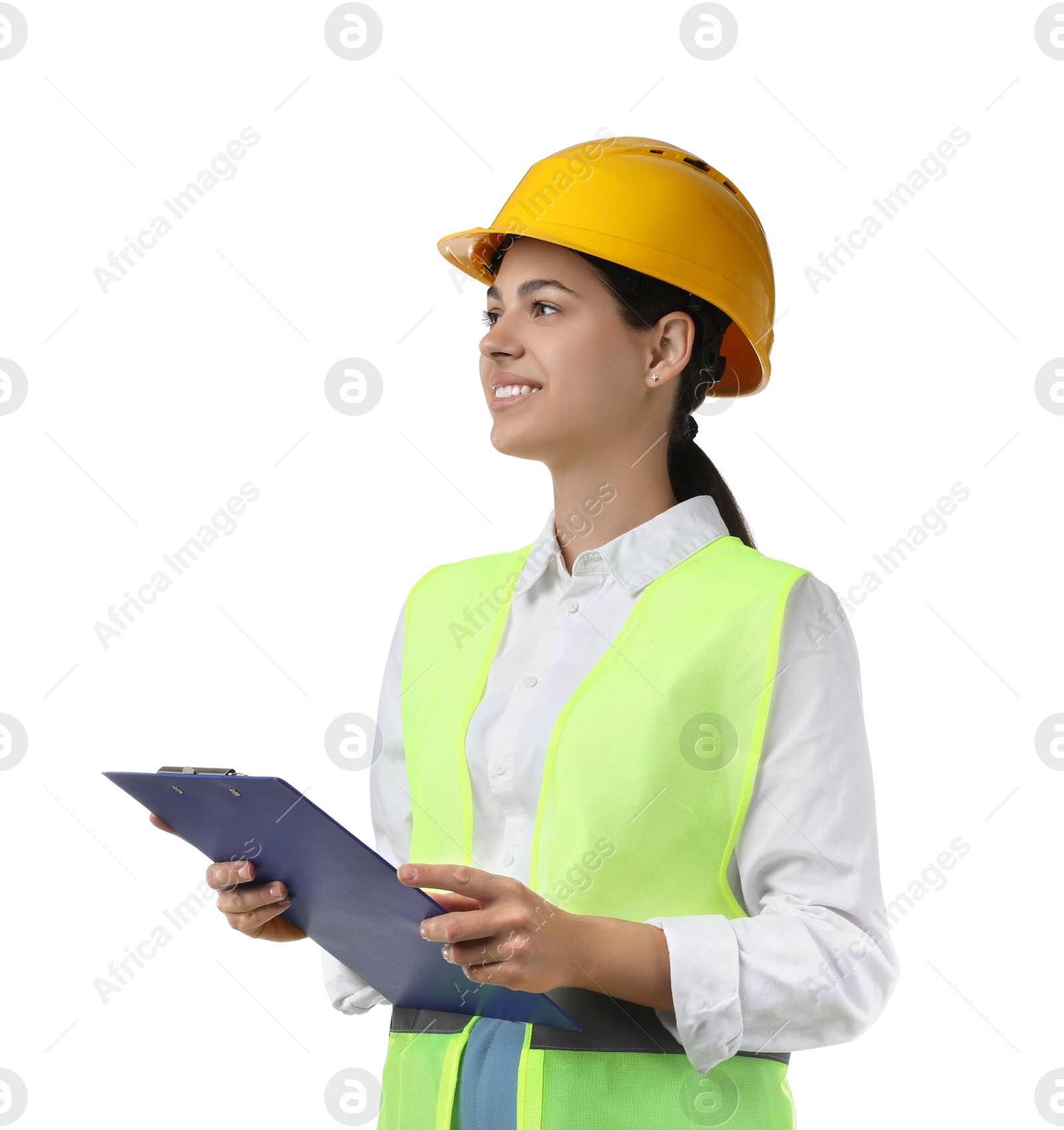 Photo of Engineer in hard hat with clipboard on white background