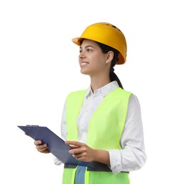 Photo of Engineer in hard hat with clipboard on white background