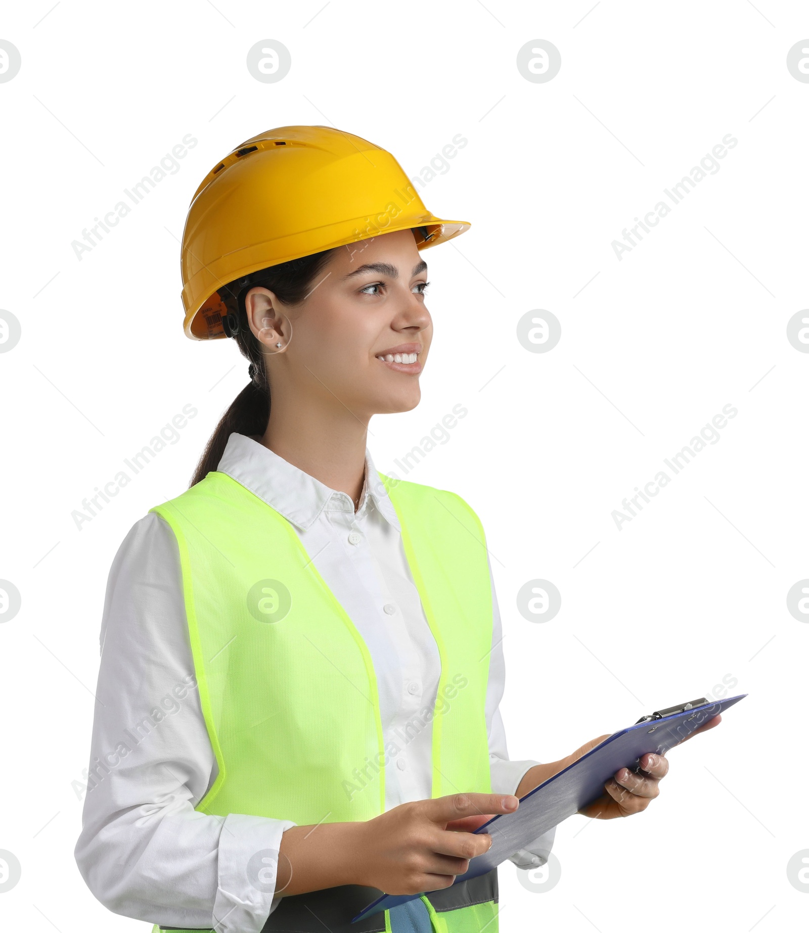 Photo of Engineer in hard hat with clipboard on white background