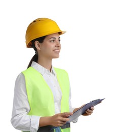 Photo of Engineer in hard hat with clipboard on white background