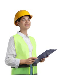 Engineer in hard hat with clipboard on white background