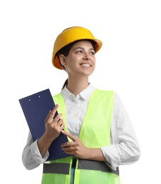 Photo of Engineer in hard hat with clipboard on white background