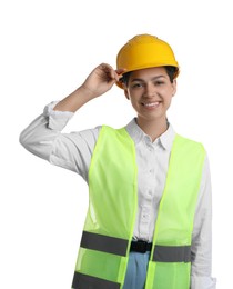 Engineer in hard hat on white background