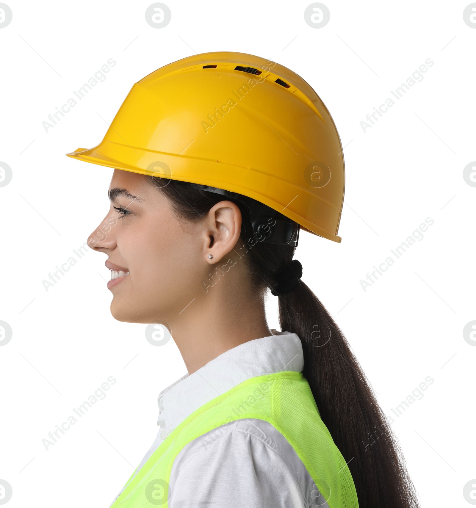 Photo of Engineer in hard hat on white background