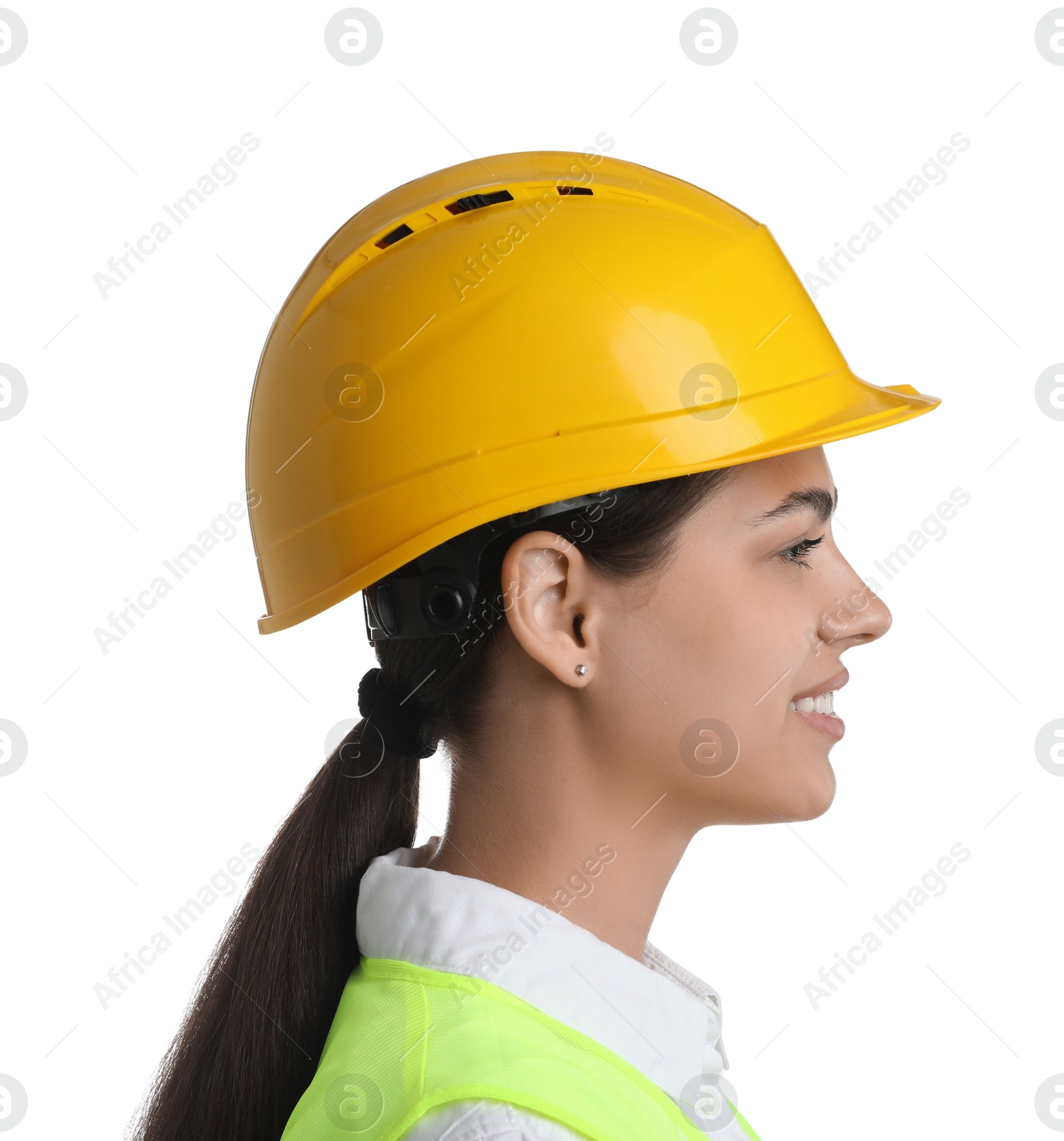 Photo of Engineer in hard hat on white background