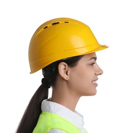 Engineer in hard hat on white background