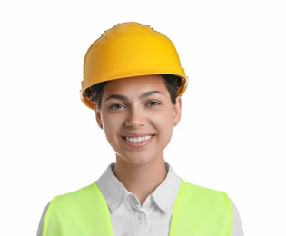 Engineer in hard hat on white background