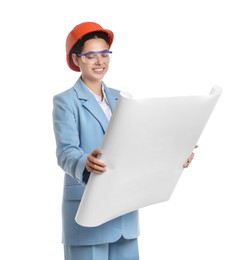 Photo of Engineer in hard hat with draft on white background