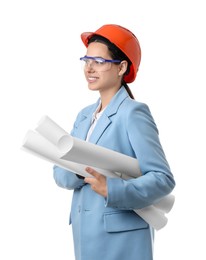 Engineer in hard hat with drafts on white background