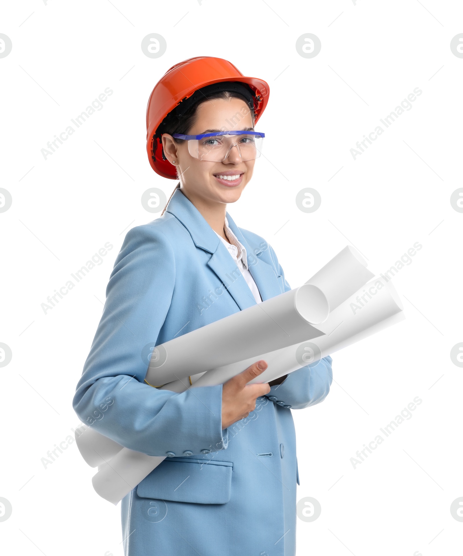 Photo of Engineer in hard hat with drafts on white background