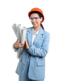 Photo of Engineer in hard hat with drafts on white background