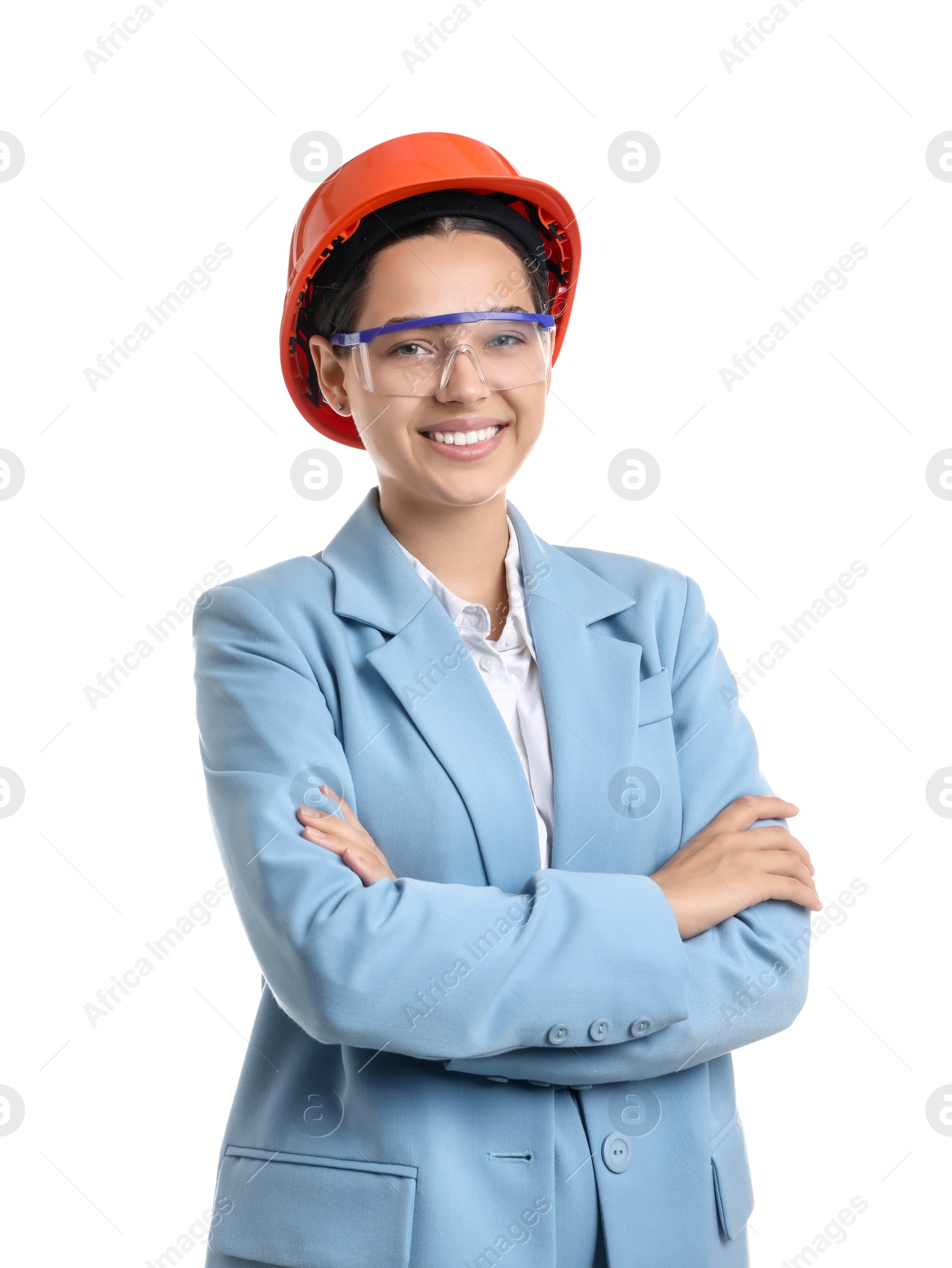 Photo of Engineer in hard hat and goggles on white background