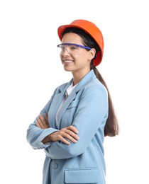 Photo of Engineer in hard hat and goggles on white background