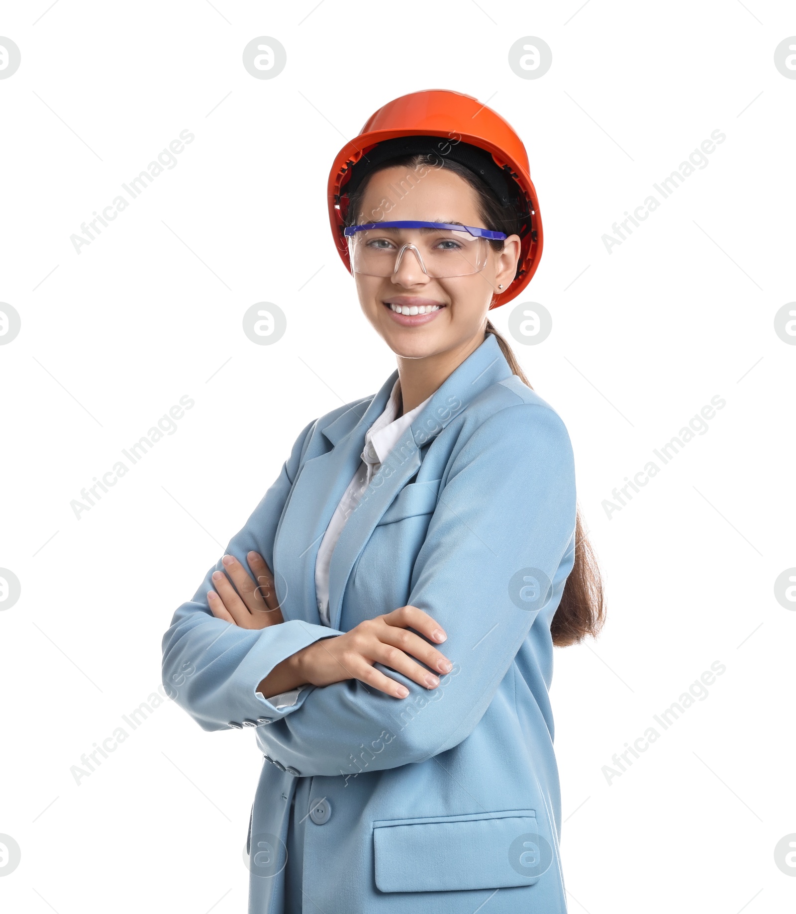 Photo of Engineer in hard hat and goggles on white background