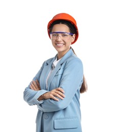 Photo of Engineer in hard hat and goggles on white background