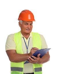 Photo of Engineer in hard hat with pen and clipboard on white background