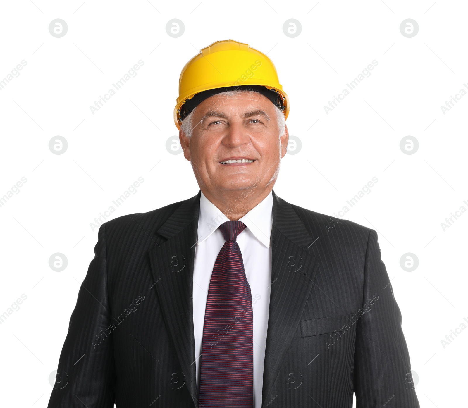 Photo of Engineer in hard hat on white background