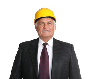 Engineer in hard hat on white background