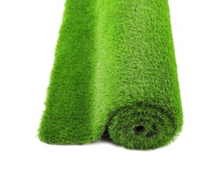 Photo of Roll of green artificial grass isolated on white