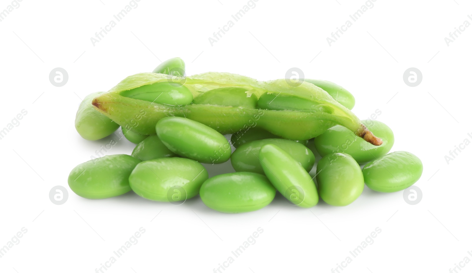 Photo of Raw green edamame soybeans and pod isolated on white