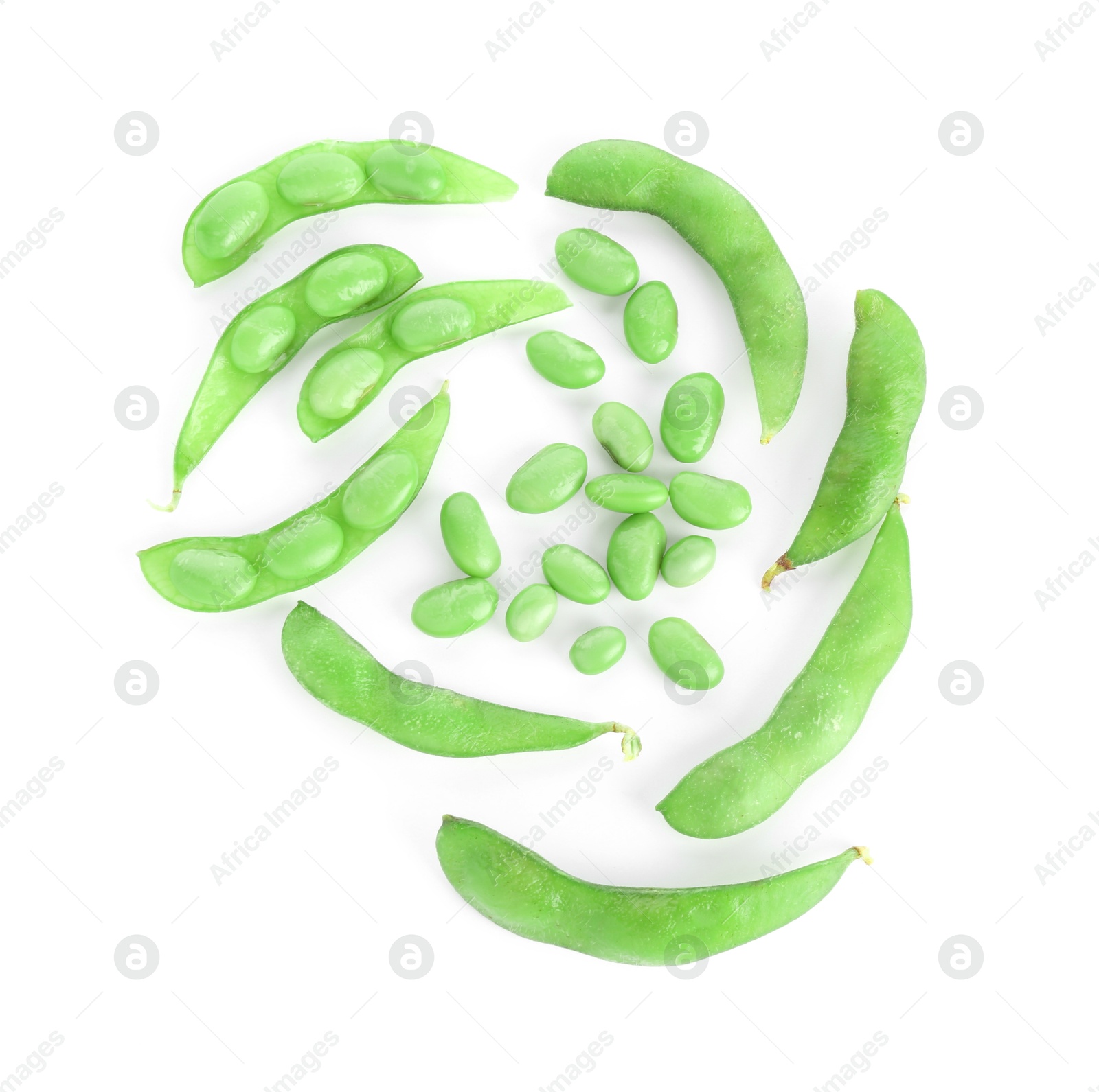 Photo of Raw green edamame soybeans and pods isolated on white, top view