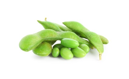 Photo of Raw green edamame soybeans and pods isolated on white