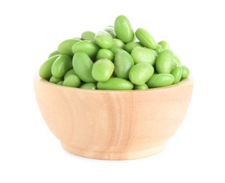 Photo of Raw green edamame soybeans in bowl isolated on white