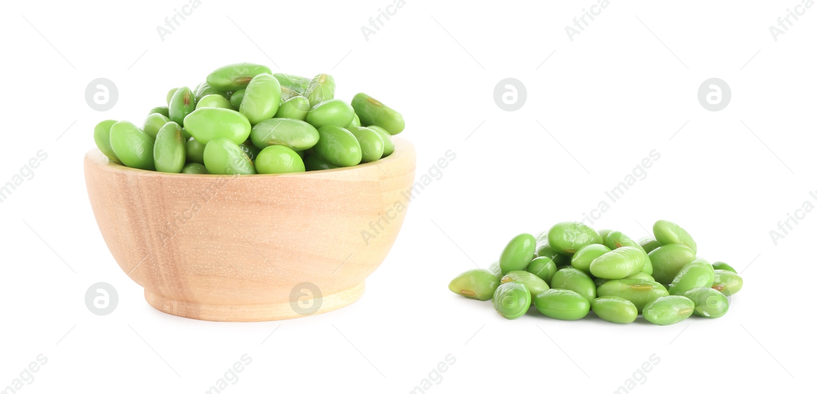 Photo of Raw green edamame soybeans in bowl isolated on white