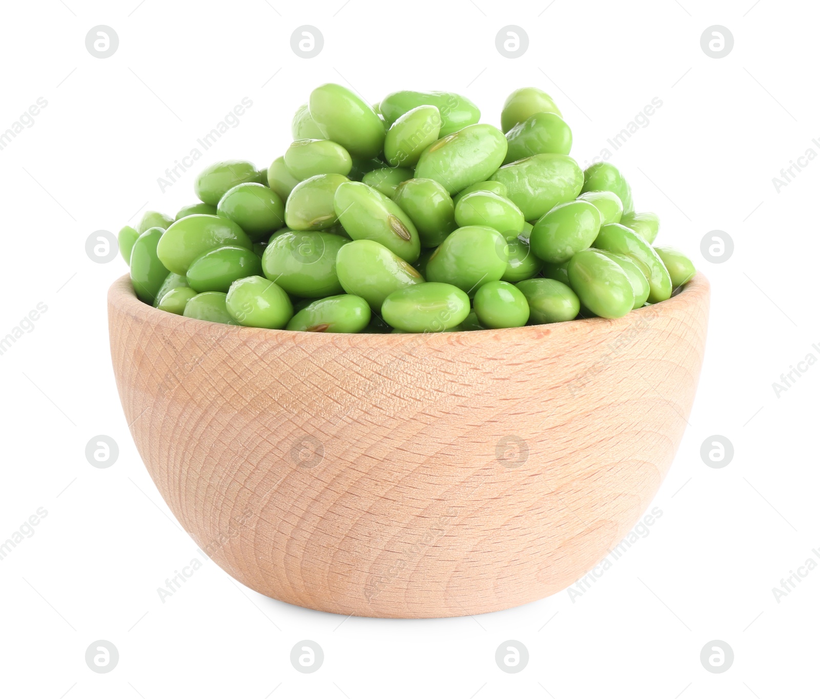 Photo of Raw green edamame soybeans in bowl isolated on white