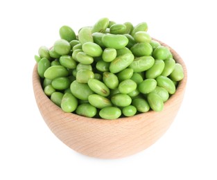 Photo of Raw green edamame soybeans in bowl isolated on white