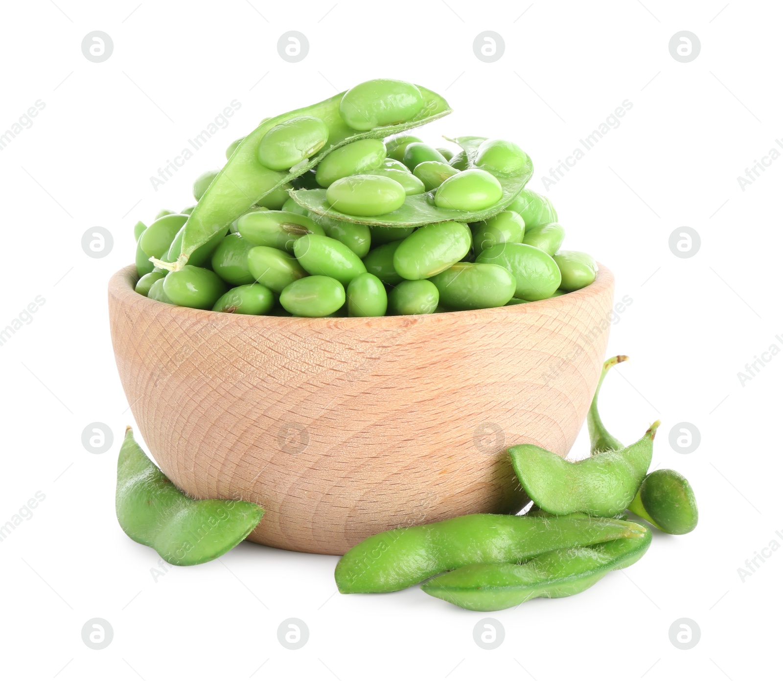 Photo of Raw green edamame soybeans and pods isolated on white