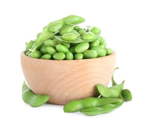 Photo of Raw green edamame soybeans and pods isolated on white