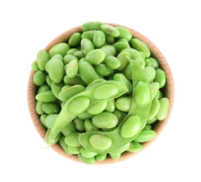 Photo of Raw green edamame soybeans and pod isolated on white, top view