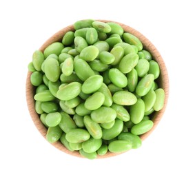 Photo of Raw green edamame soybeans in bowl isolated on white, top view