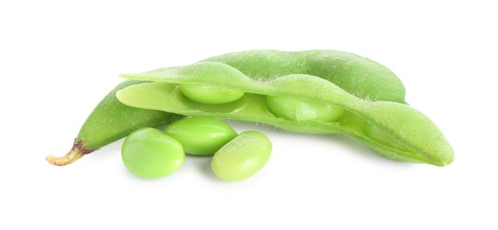 Photo of Raw green edamame pods with soybeans isolated on white