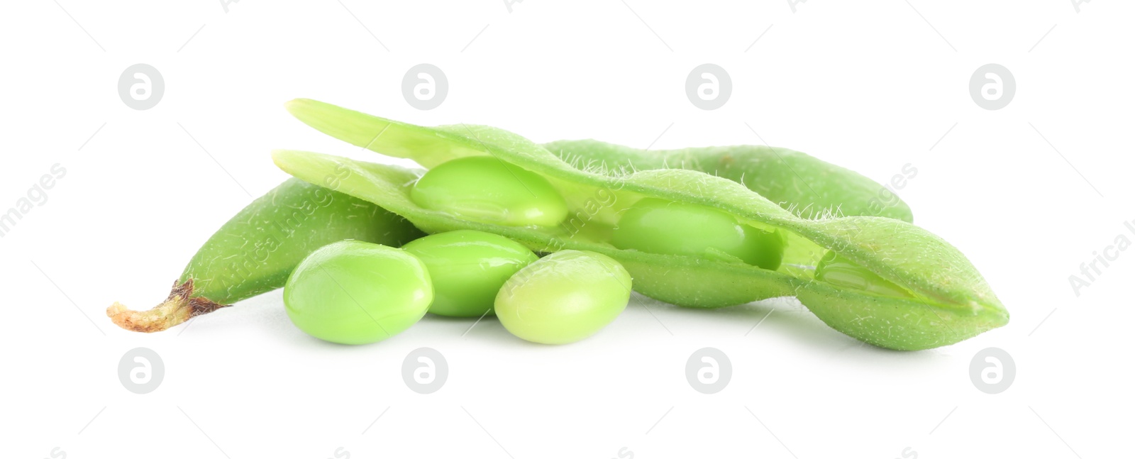 Photo of Raw green edamame pods with soybeans isolated on white