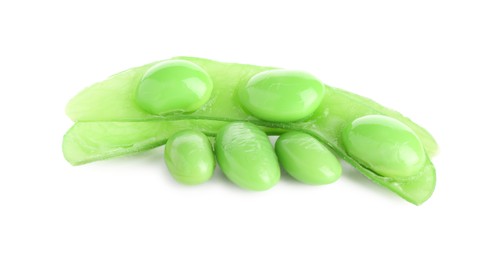 Photo of Raw green edamame pod with soybeans isolated on white